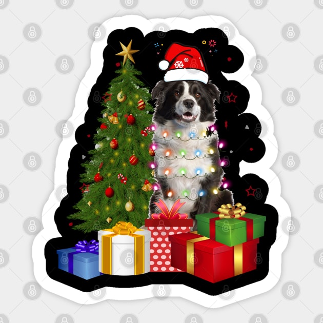 Border Collie Christmas Tree Santa Hat Funny Xmas Gift Dog T-Shirt Sticker by CoolTees